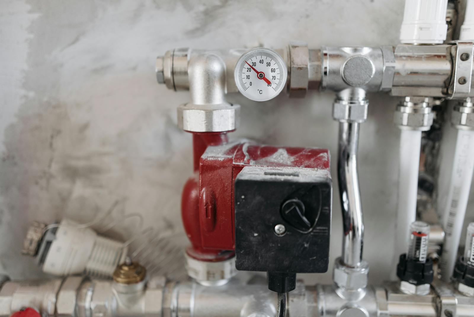 Hydronic water balancing — pressure gauge on a steel hydronic loop, used to verify pump curve and GPM at each coil